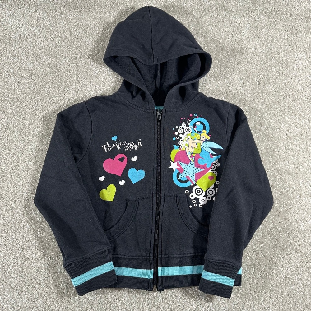 Disney Fairies Tinker Bell Zip Up Hoodie Black Girls Size S‎ Graphic Sweatshirt